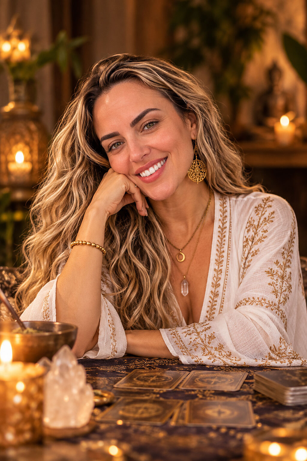 Denise em seu espaço de atendimento, com cartas de Tarô